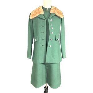 Vintage Flemington Furs 60s Green Wool Mod Dress Suit Fur Collar Classy Classic